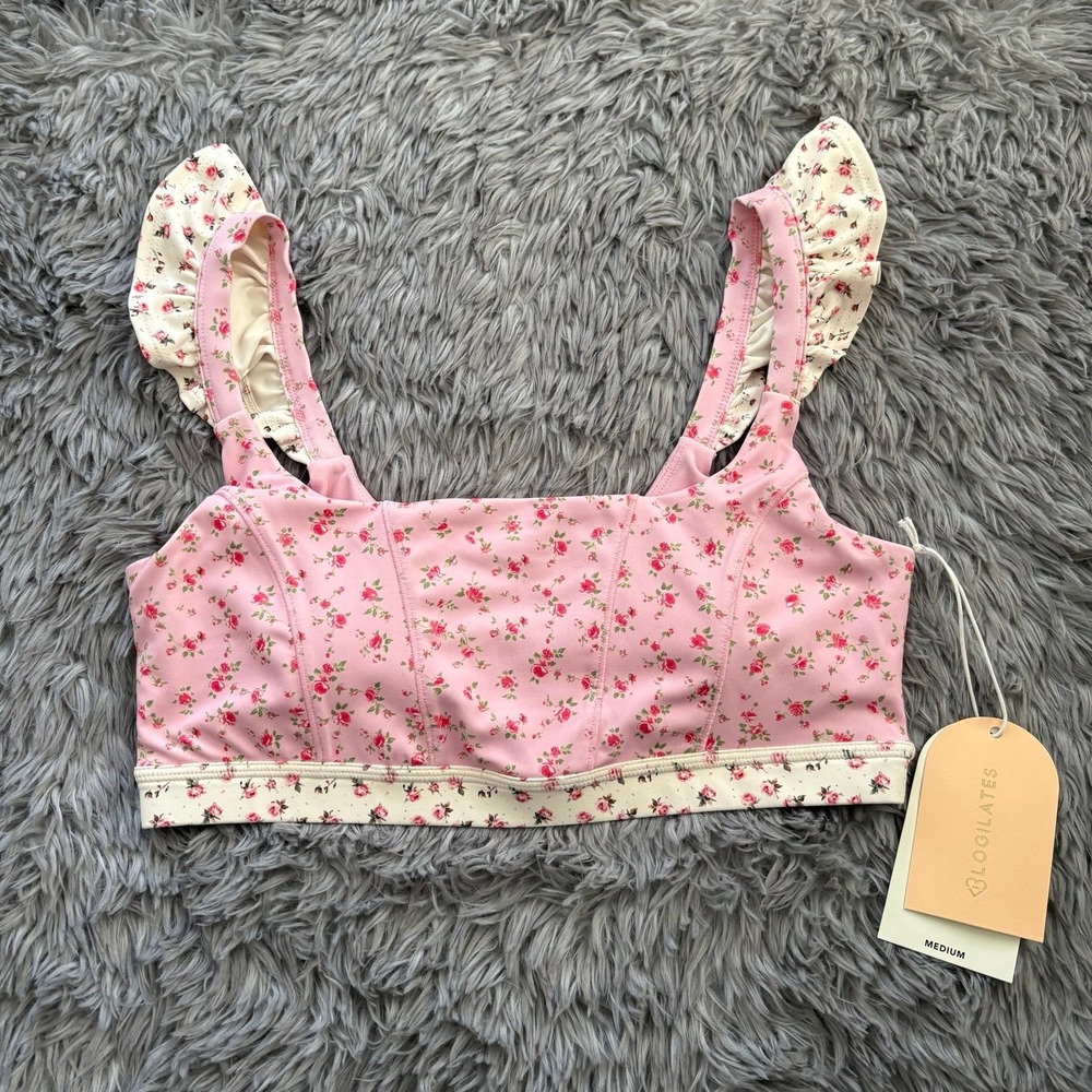 Blogilates Ruffle Corset Bra Pink Floral Women's Medium NEW Athletic Pilates
